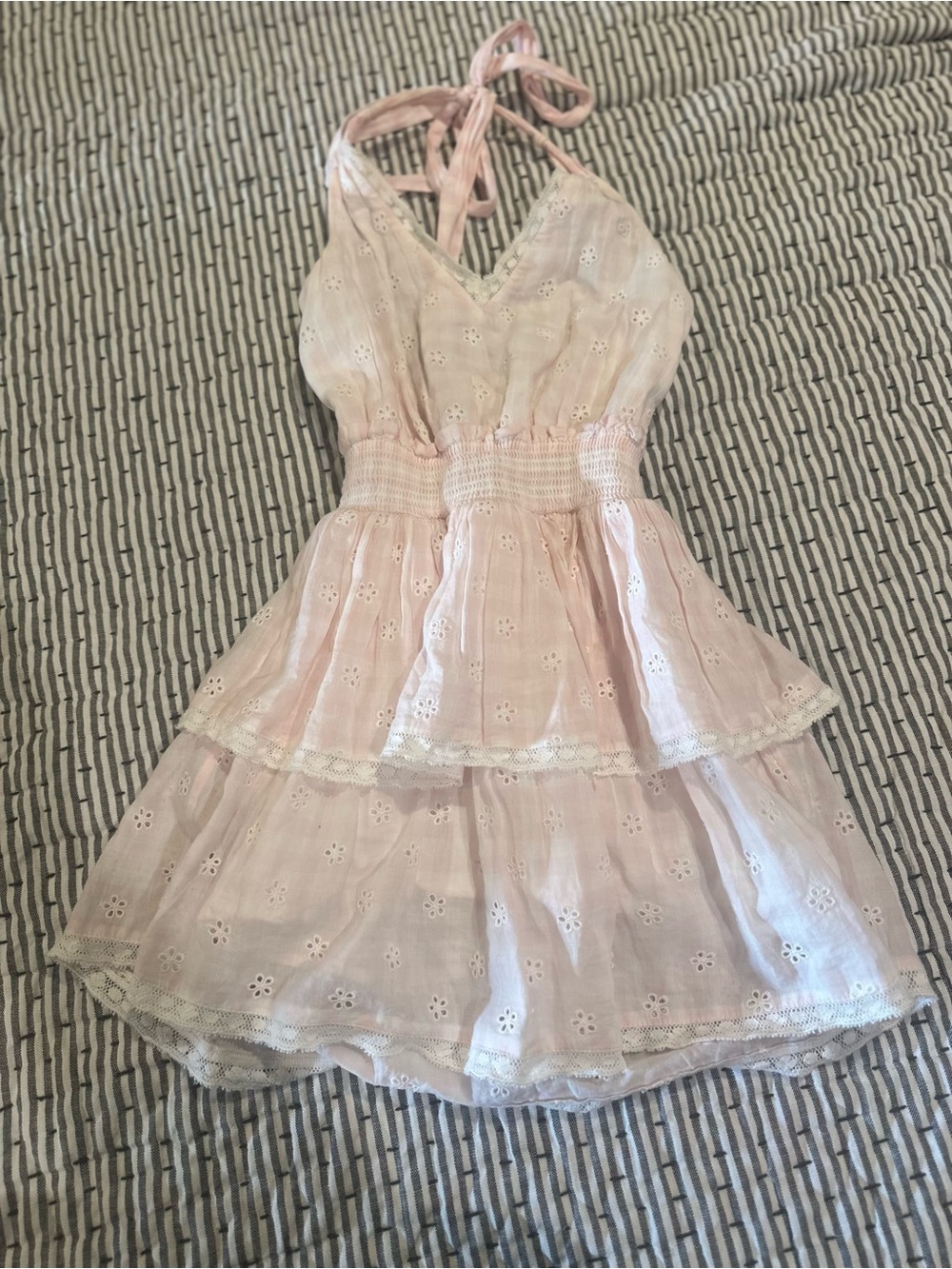 LoveShackFancy Light Pink Eyelet Halter Tiered Dress